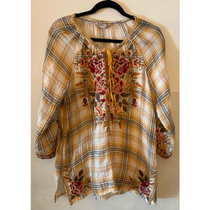 Johnny Was Embroidered Plaid Peasant Top – Size Small
